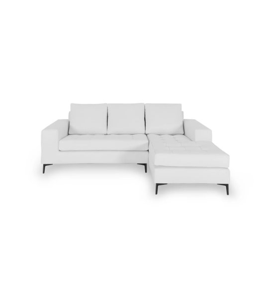 Sofá Barcelona 2 lugares e chaise longue direita, estofado a ecopele branca, pés metálicos lacados a negro, 226 cm.
