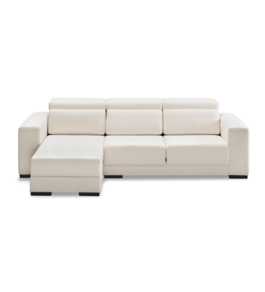 Sofá Oporto 2 plazas y chaise longue reversible, tapizado en tela beige, reposacabezas reclinables, asientos deslizantes y almacenaje en chaise longue, 279 cm.
