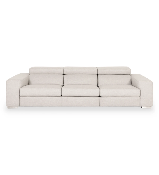 California 3-seater sofa upholstered in bege fabric, reclining headrests, 307 cm.