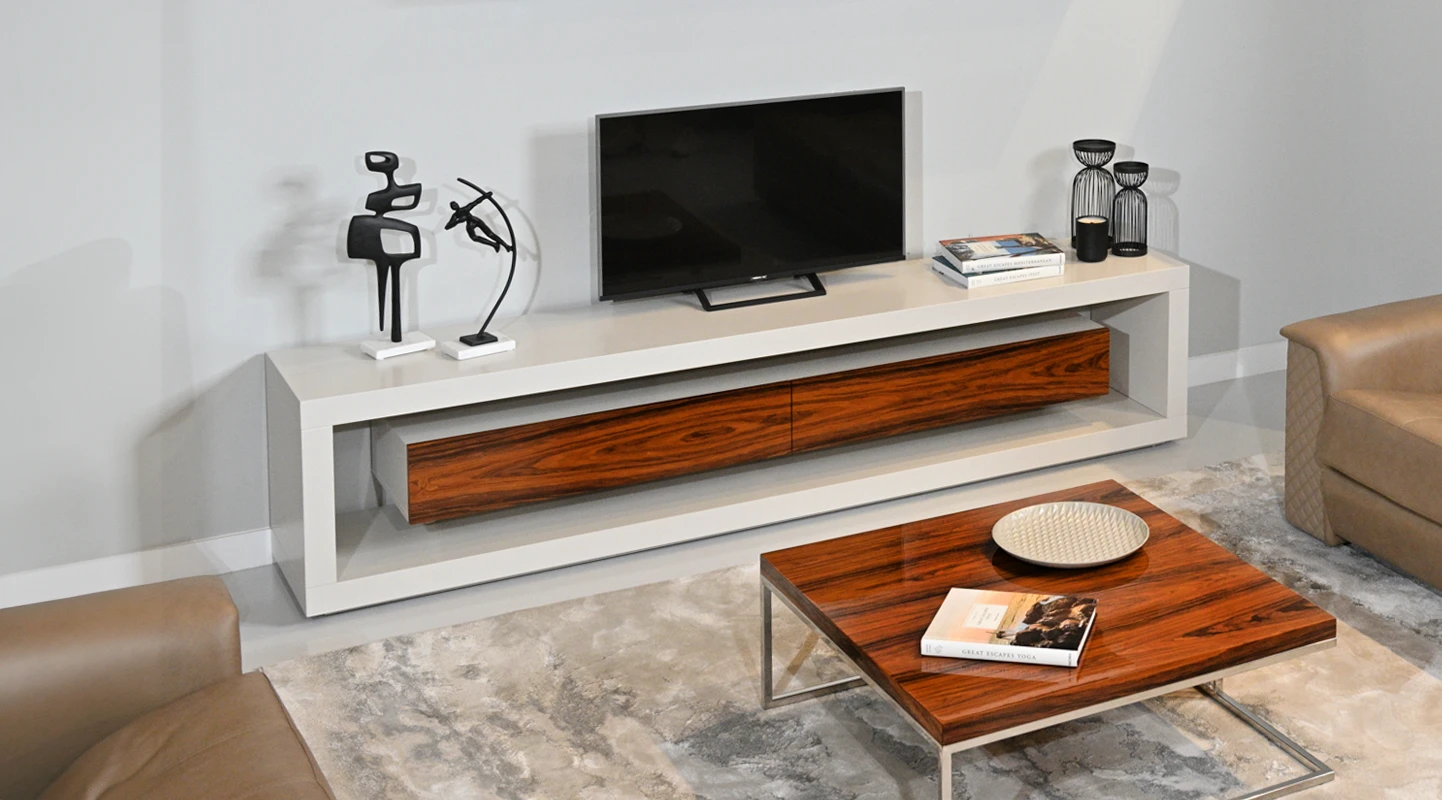 TV Stand with structure and drawer module lacquered in pearl, drawers in palissander high gloss
