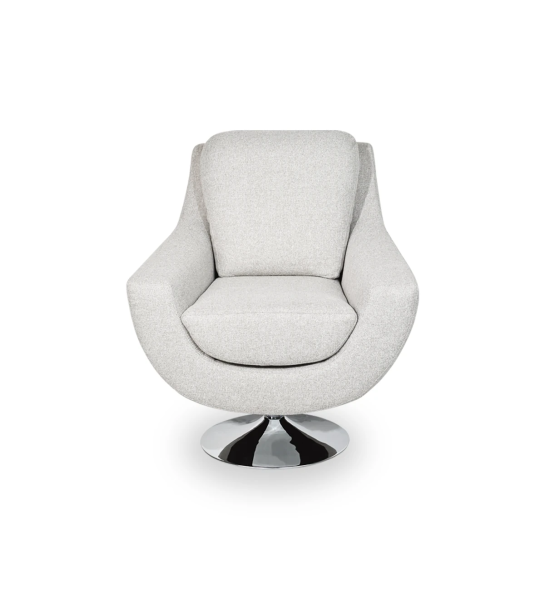 Paris swivel armchair, upholstered in light gray fabric, metal base.