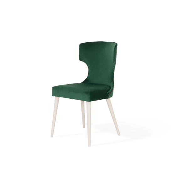 Fabric upholstered chair, with black tack on the back and pearl lacquered feet.