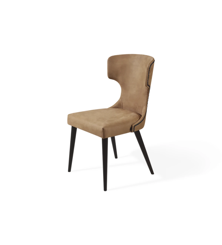 Fabric upholstered chair, with black tack on the back and black lacquered feet.
