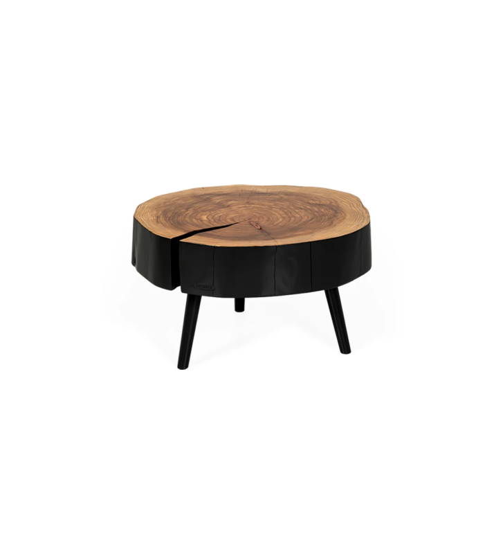 Mesa de centro tronco en madera de cryptomeria natural lacada en negro, con 3 pies lacados en negro