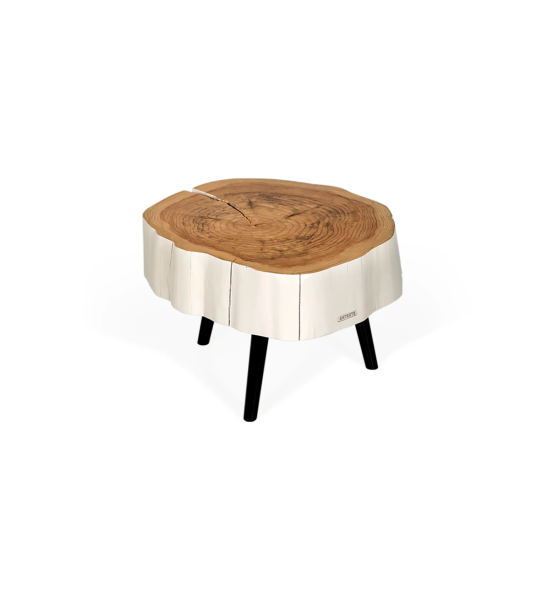 Mesa de centro Tronco en madera natural de cryptomeria lacada en perla, pies lacadas en negro, Ø 60 a 75 cm.