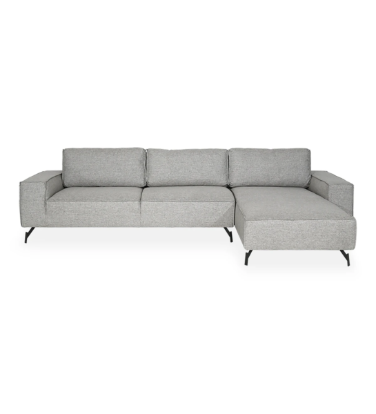 Sofá Tokyo 3 lugares e chaise longue direita, estofado a tecido cinzento, pés metálicos lacados a negro, 335 cm.
