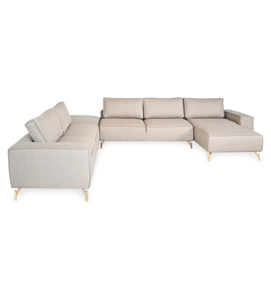 Tokyo corner sofa with chaise longue and pouf, upholstered in toffee fabric, gold lacquered metal legs, 410 x 313 cm.