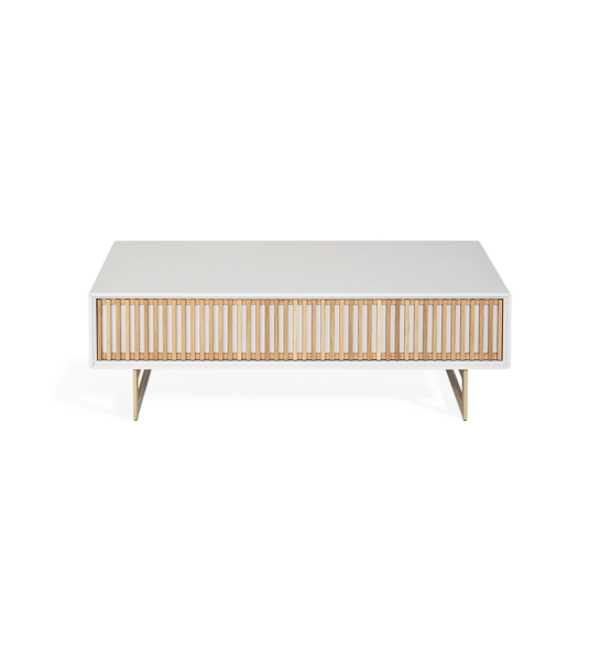 Mesa de centro Tokyo retangular, 1 gaveta em carvalho natural, estrutura lacada a pérola e pés metálicos lacados a dourado, 110 x 65 cm.