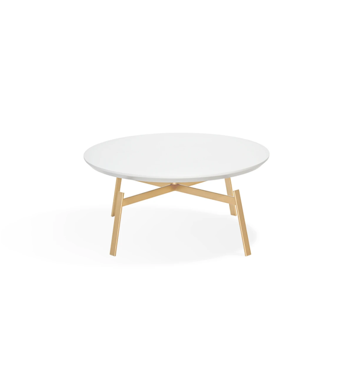 Table basse ronde avec plateau laqué perle et pied métallique laqué doré