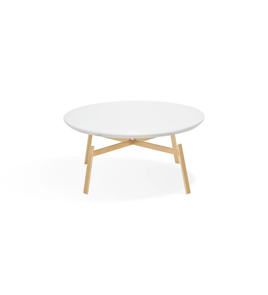 Table basse Tokyo ronde, plateau laqué perle et pied en métal doré, Ø 100 cm.