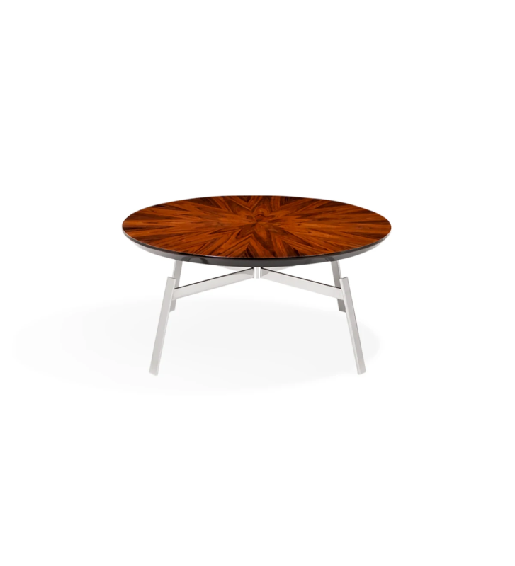 Table basse ronde avec plateau en palissandre brillant et pied en acier inoxydable