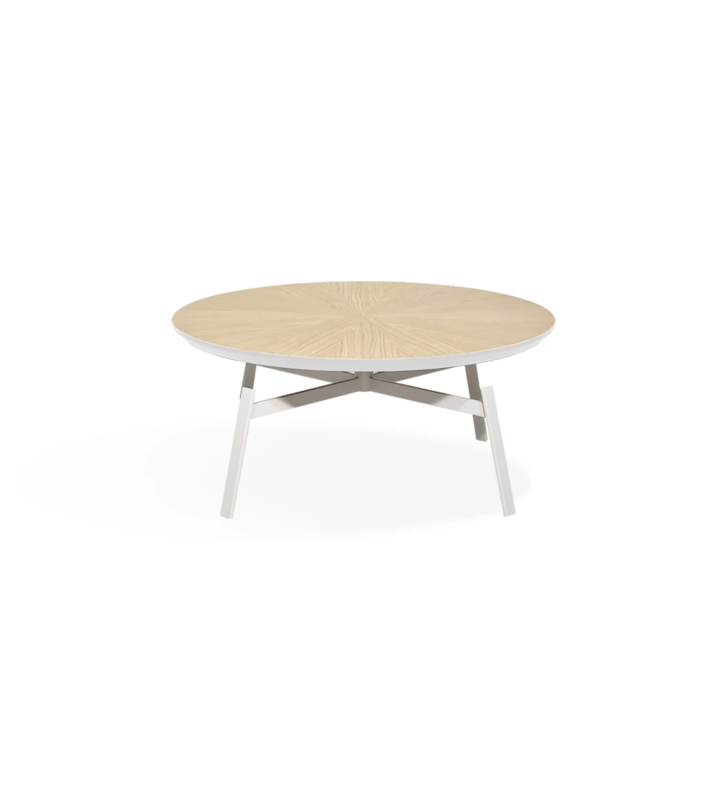Round center table with natural oak top and pearl lacquered metallic foot