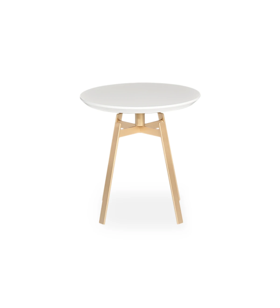 Mesa auxiliar Tokyo redonda, tapa lacada perla, pies en metal lacado dorado, Ø 48,5 cm.