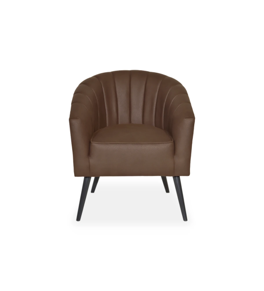 Tokyo armchair upholstered in brown fabric, black lacquered feet.