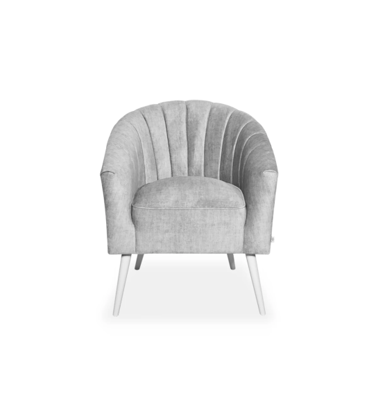Tokyo armchair upholstered in gray fabric, pearl lacquered feet.