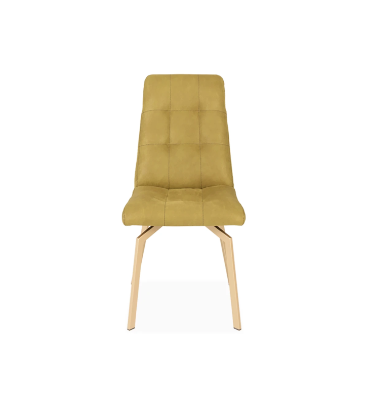 Silla tapizada en tejido, con pies metálicos lacados en dorado.
