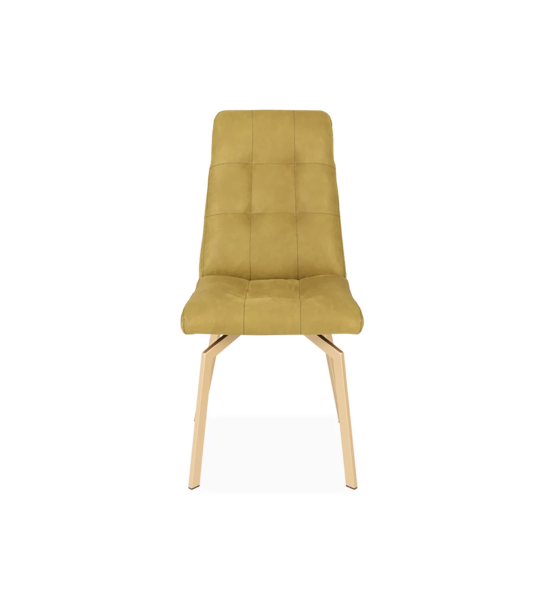 Chaise recouverte de tissu, avec des pieds en métal laqué en or.