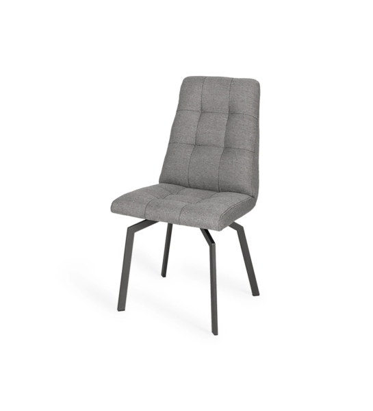 Fabric upholstered chair with black lacquered metal feet.