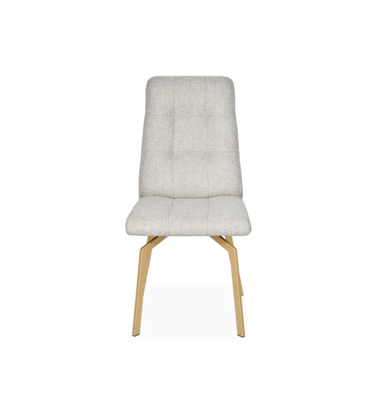 Chaise recouverte de tissu, avec des pieds en métal laqué en or.