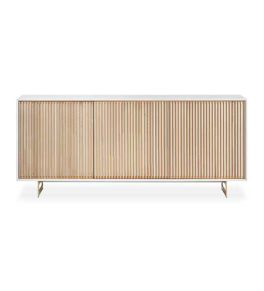 3 doors in natural oak, pearl lacquered structure, golden metallic feet