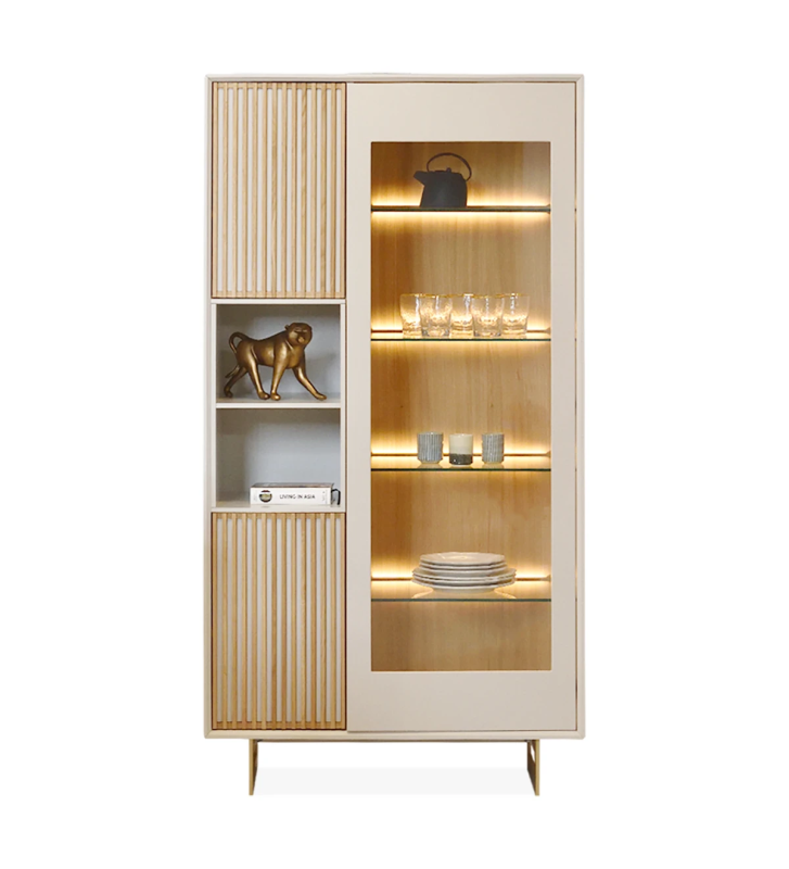 Showcase with 2 doors in natural oak and 1 door with glass and pearl lacquered frame, pearl lacquered metal feet.
