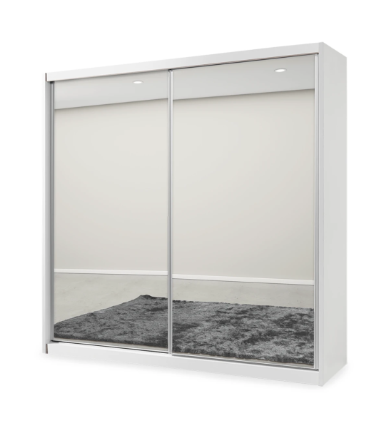 Guardarropa con 2 puertas correderas forradas de espejo, con módulo de 2 cajones en el interior, estructura de roble blanco.