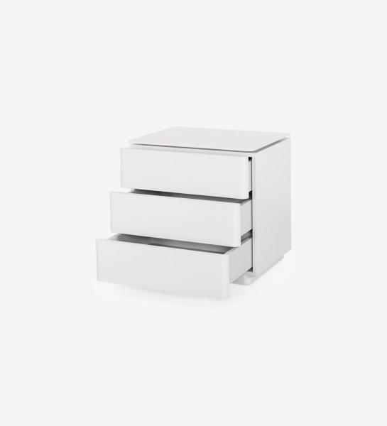 Bedside table with 3 drawers, wooden top and pearl lacquered structure.