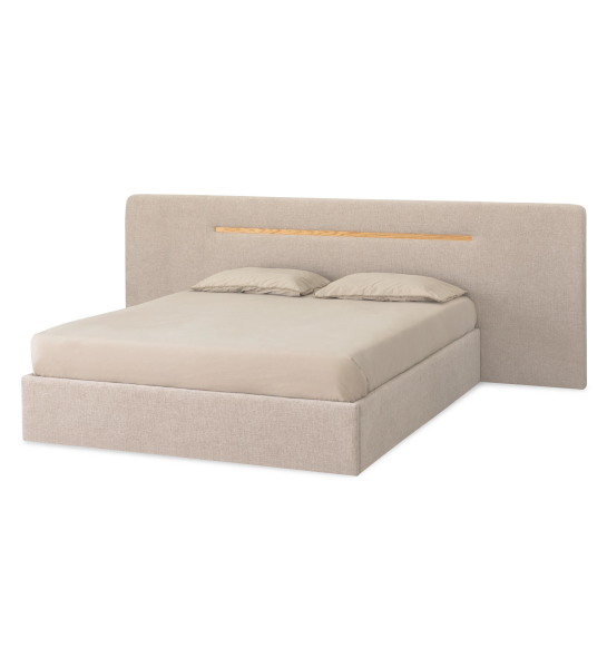 Double bed with upholstered headboard and base, detail in natural oak, with storage through a lifting platform.