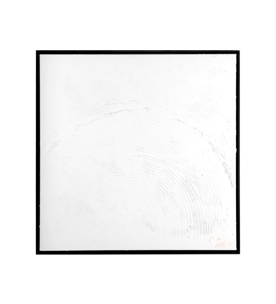 Quadro de pintura abstrata e relevo em tons brancos, moldura de cor negra em madeira, 104 x 104 cm.