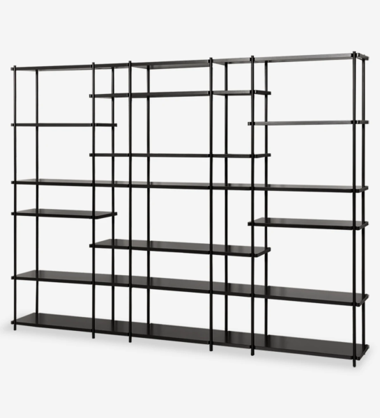 Haia bookcase with shelves and black lacquered metal structure, 265 x 202 cm.