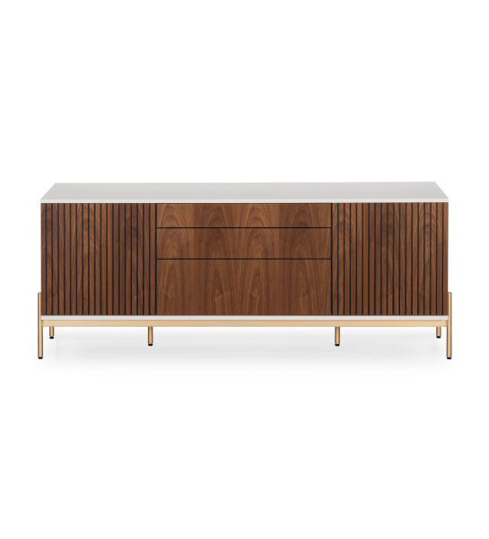 Sideboard with 2 friezes doors, 1 hinged door and two natural walnut drawers, pearl structure and gold lacquered metal feet with levelers.