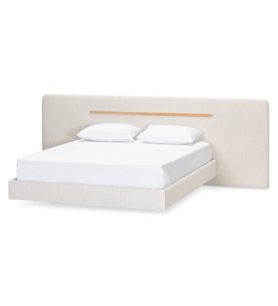 Double bed with upholstered headboard and suspended base in beige fabric, detailed in natural oak.