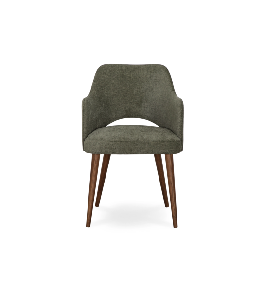 London chair with armrests upholstered in green fabric, walnut wood legs.