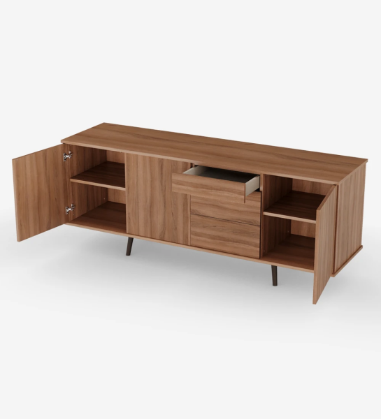Sideboard with 3 doors, 3 drawers and walnut structure, lacquered feet in dark brown.