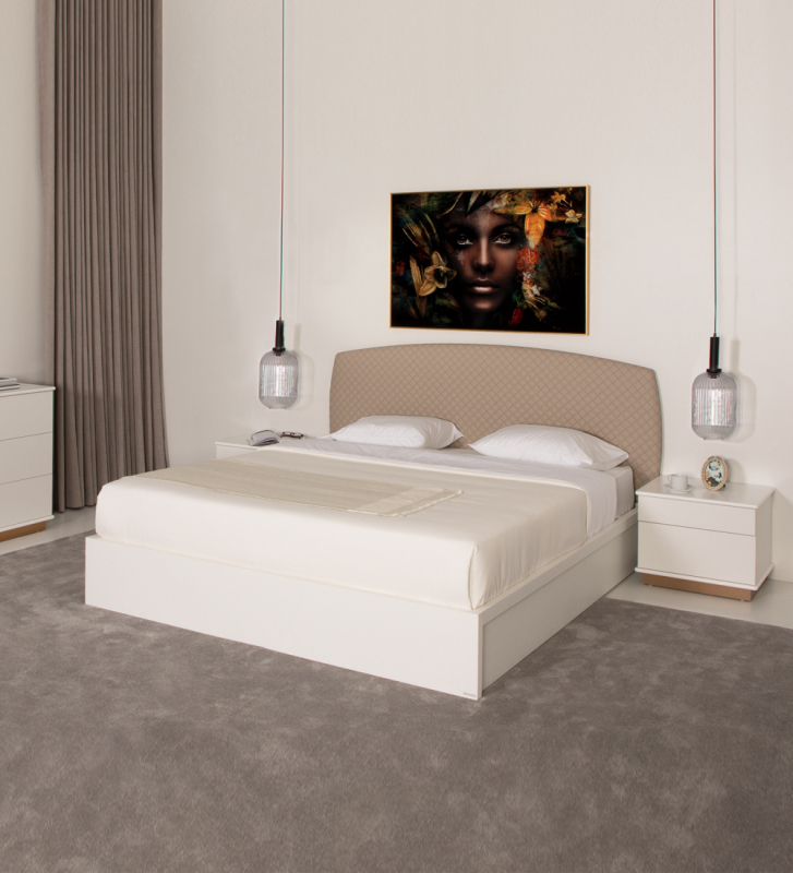 Cama de casal com cabeceira estofada a tecido e base em carvalho branco