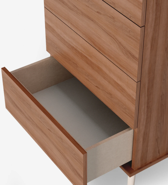 Dresser with 4 drawers and structure in walnut, dark brown lacquered turned feet.