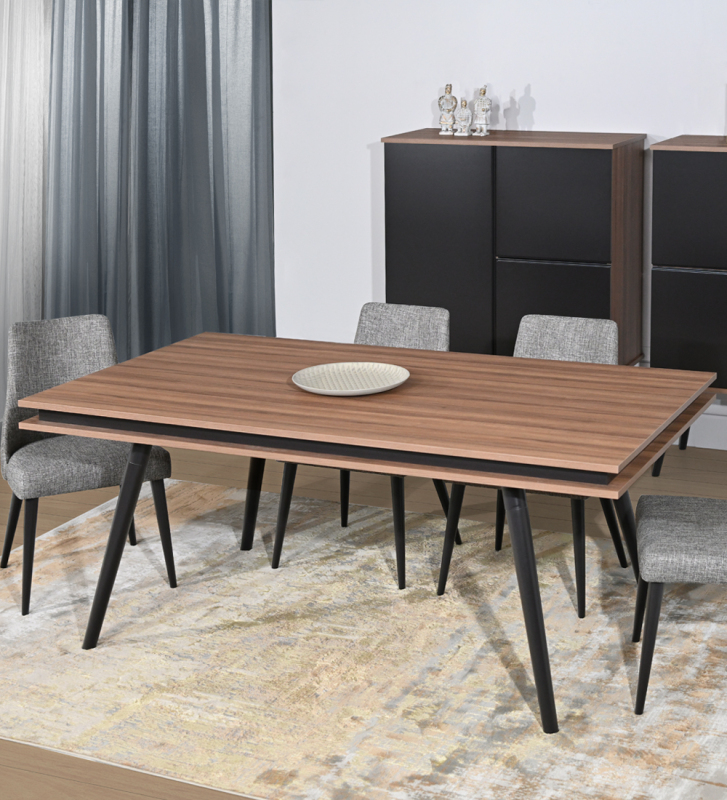 Mesa de jantar extensível retangular com tampo em nogueira, pés lacados a castanho escuro.