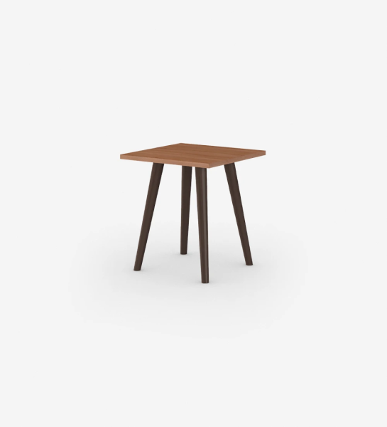 Oslo square side table, walnut top, dark brown lacquered feet, 45 x 45 cm.