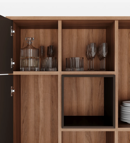Oslo bar cabinet with walnut structure, dark brown lacquered doors, module and feet, 92 x 141,2 cm.
