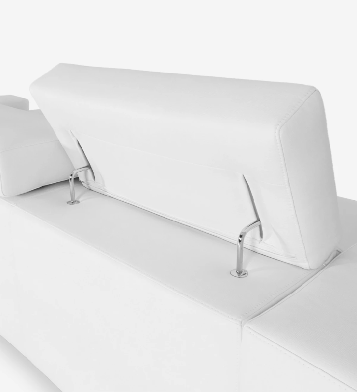 Sofá Califórnia 2 lugares e chaise longue direita, estofado a ecopele branca, apoios de cabeça reclináveis, 307 cm.