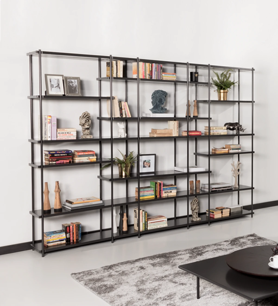 Haia bookcase with shelves and black lacquered metal structure, 265 x 202 cm.