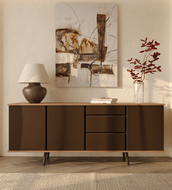 Sideboard with 3 doors, 3 drawers and dark brown lacquered legs, walnut structure.