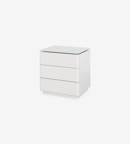 Bedside table with 3 drawers, wooden top and pearl lacquered structure.