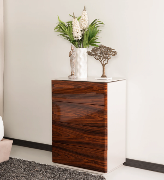 Dresser with 4 drawers with high brightness palissandro fronts and structure lacquered in pearl