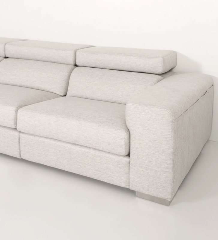 California 3-seater sofa upholstered in bege fabric, reclining headrests, 307 cm.