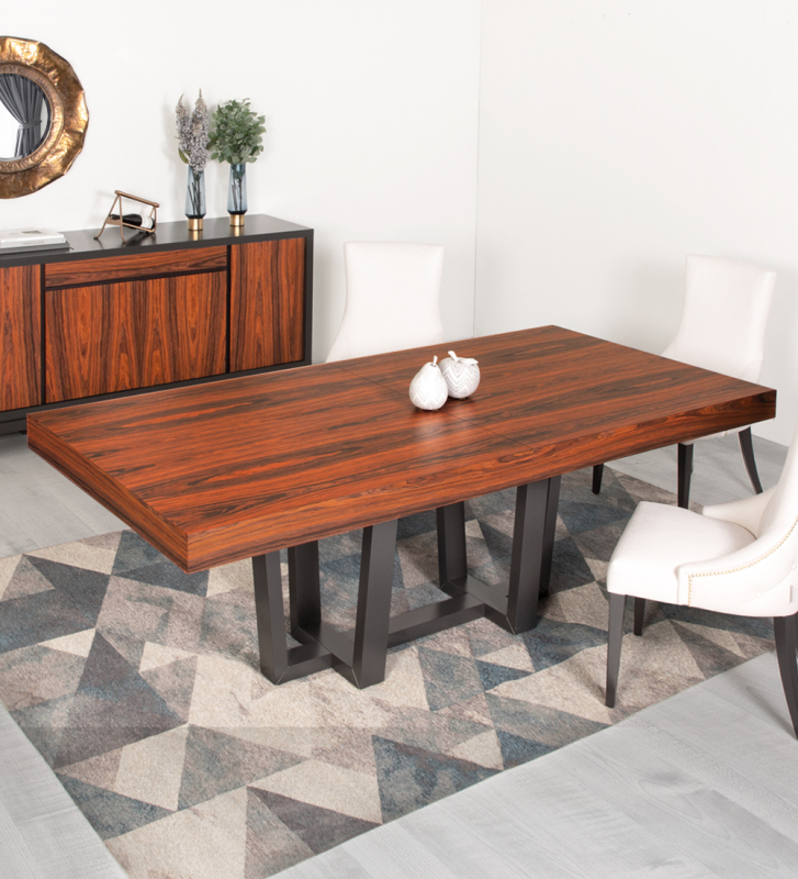 Mesa de jantar extensível retangular com tampo em palissandro e pé lacado a negro