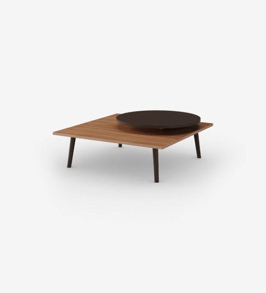 Square Center Table, with lower walnut table top, dark brown lacquered round table top and feet.