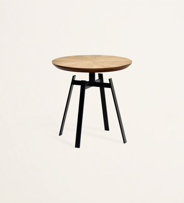 Round side table, with natural oak top and black lacquered metallic foot.