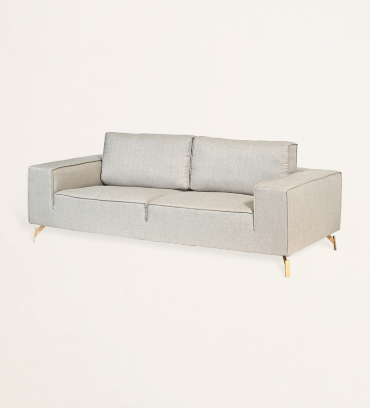 3 seater, fabric upholstered, with gold lacquered metal feet.