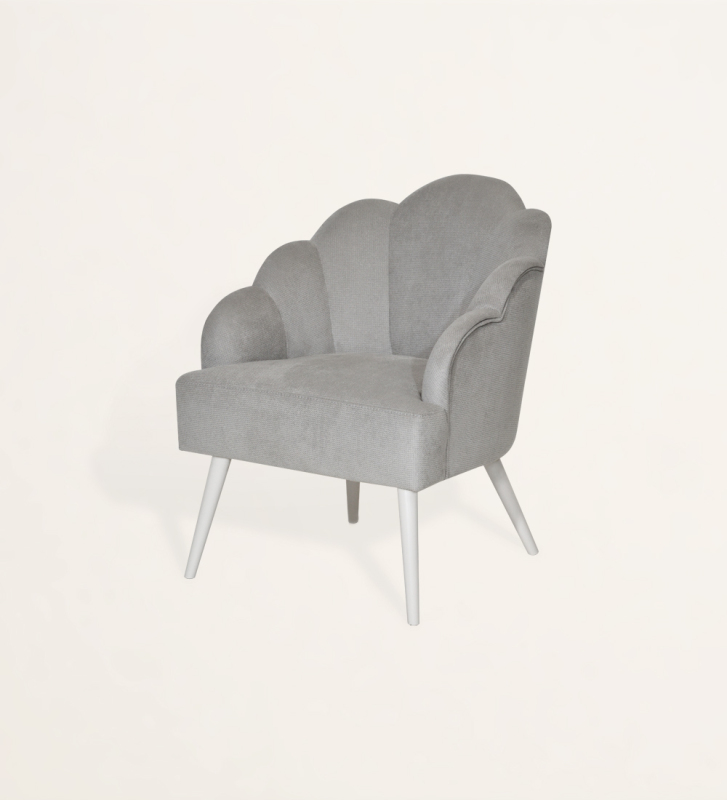 Armchair upholstered in fabric, with pearl lacquered feet.